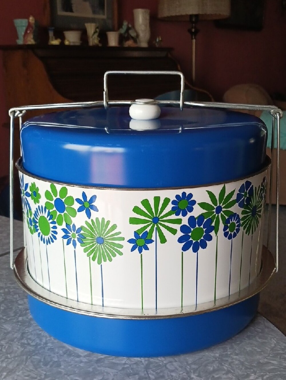 Vintage~ MCM Triple Decker Metal Food Carrier by JL Clark - mod flowers!